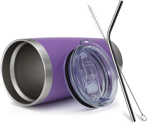 Miniatura 6 de COMOOO Taza de viaje aislada al vacío de doble pared de 20 onzas, vaso de acero inoxidable con tapa y pajita, taza de café aislada con recubrimiento
