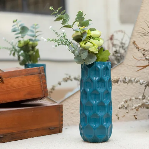 Miniatura 2 de Bdor Jarrón de cerámica, florero de flores de 11 pulgadas, jarrón de panal azul para decoración de habitación, detalles modernos de decoración