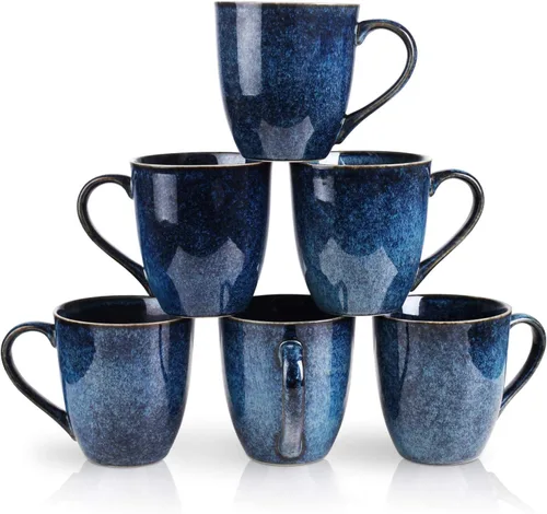 vicrays Juego de tazas de café, 12 onzas, juego de 6, tazas de cerámica para hombres y mujeres, tazas esmaltadas únicas con asa para café, té, Azul