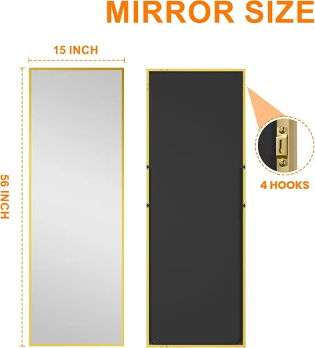 Miniatura 9 de TRAHOME Espejo de pie de longitud completa, espejo de piso grande de 15 x 56 pulgadas con marco de aluminio para puerta, dormitorio, baño, sala
