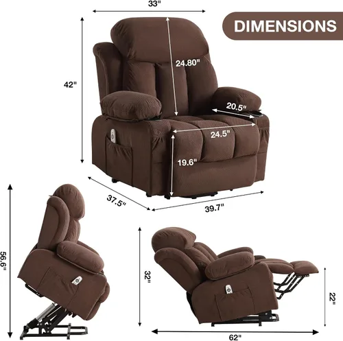 Miniatura 2 de BOSMILLER Silla Reclinable de Elevación Eléctrica para Ancianos con Masaje por Vibración y Calefacción Lumbar, Sofá Individual Eléctrico de Gran