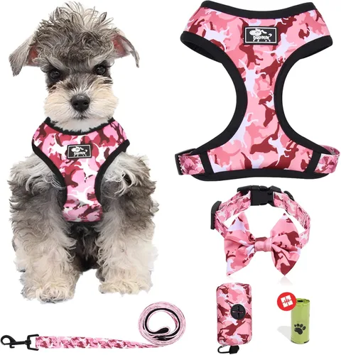 Juego de arnés y correa para perros pequeños, ajustable, reflectante, sin tirones, chaleco para cachorro con collar de corbatín, correa y bolsa para