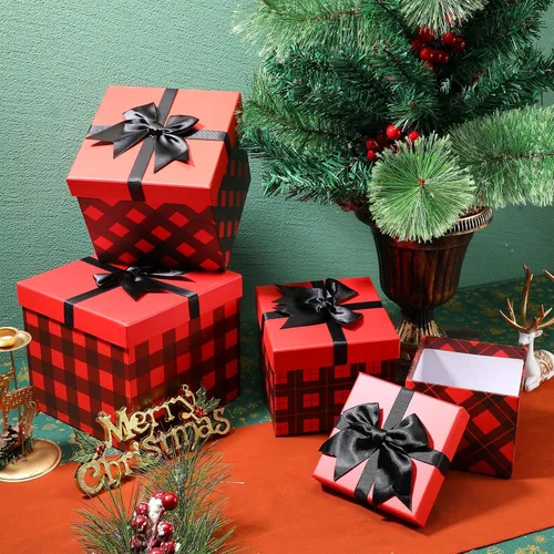 Miniatura 2 de TaoBary 4 cajas de regalo apilables a cuadros de búfalo apilables de color rojo y negro, cajas decorativas con tapas, cubo de almacenamiento anidado