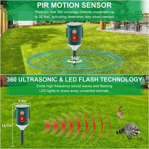 Miniatura 5 de Repelente solar ultrasónico de animales para exteriores, disuasorio de plagas activado por movimiento de 360° con luz estroboscópica, protección