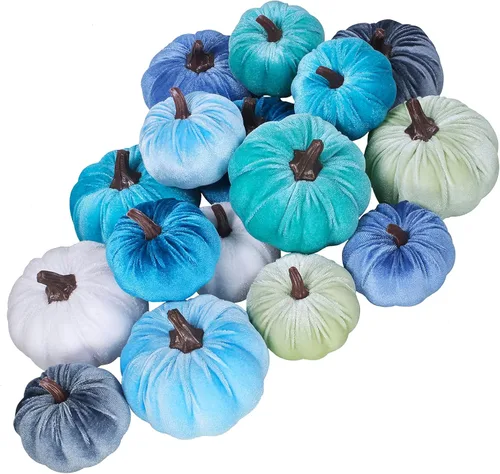 Winlyn Juego de 16 calabazas de terciopelo sintético surtidas, decorativas, color verde azulado, verde, gris, marfil, calabazas de espuma de tela