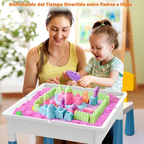 Miniatura 3 de Arscniek Mesa de actividades para niños pequeños 7 en 1, juego de mesas de actividades y sillas con 152 bloques de construcción grandes de mármol