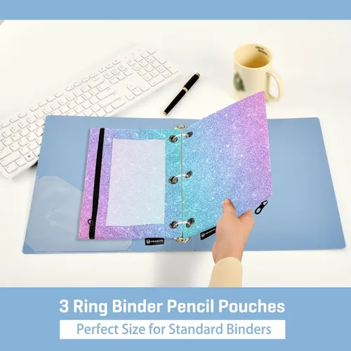 Miniatura 5 de Gredecor Estuche para lápices con 3 anillos con purpurina azul y rosa con cremallera, 2 unidades, organizador transparente para carpeta escolar
