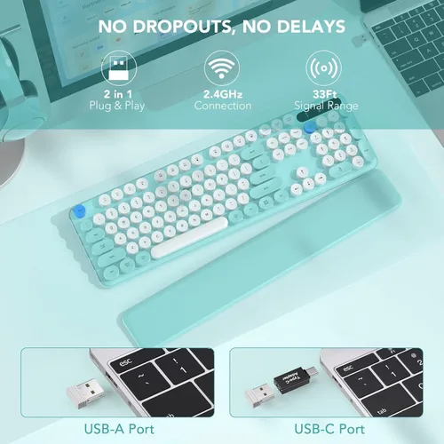 Miniatura 6 de Teclado inalámbrico, teclas redondas, teclado de máquina de escribir retro con reposamuñecas desmontable, modo de suspensión, patas plegables, Azul