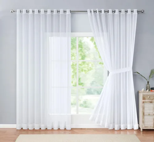 LinenZone Cortinas divisoras de habitación blancas transparentes extra grandes. Par de 2 paneles de cortina de lino sintético blanco para ventanas