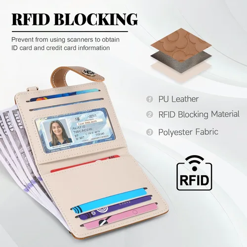 Miniatura 2 de Cartera RFID para mujer, delgada y pequeña, de piel con estampado de flores, plegable, compacta, con tarjetero y bolsillo para monedas, color marrón