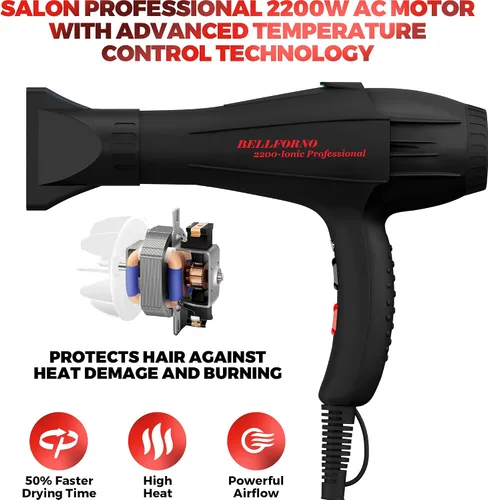 Miniatura 3 de Secador de pelo profesional de 2200W con difusor para cabello rizado y ondulado natural, secador de pelo iónico negativo de bajo ruido con difusor