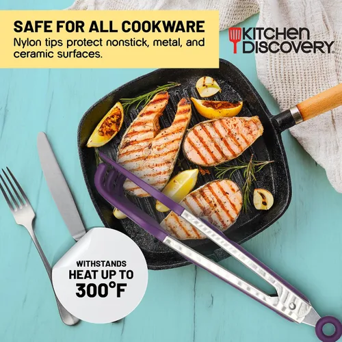 Miniatura 4 de Kitchen Discovery Pinzas de metal con dientes para asar a la parrilla, cocinar y servir antideslizantes, pinzas para hielo y pasta, agarran