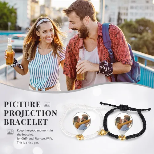 Miniatura 5 de Sparklejewel Pulsera a juego para pareja personalizada con foto en el interior de cordón para parejas, pulseras de proyección personalizadas