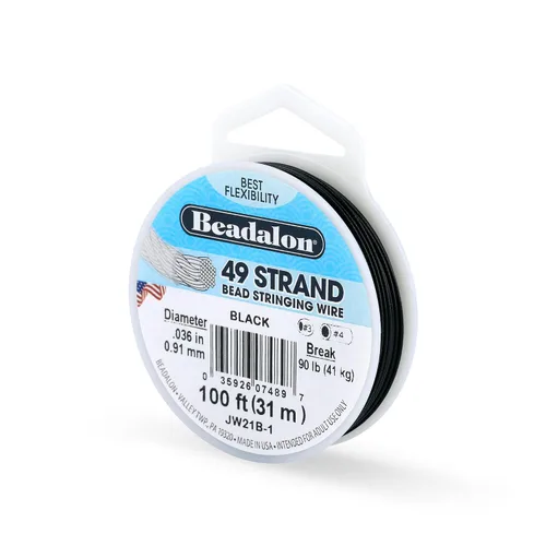 Beadalon Alambre de cuerda de cuentas de acero inoxidable de 49 hebras, 0.036 pulgadas / 0.036 in, negro, 100 pies / 101.7 ft