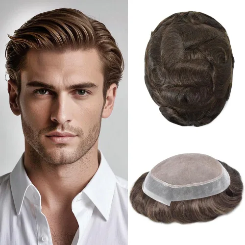 Miniatura 23 de Monofilamento fino para hombre, sistema de cabello humano Remy, piel de polietileno transparente alrededor del postizo de monofilamento, peluca