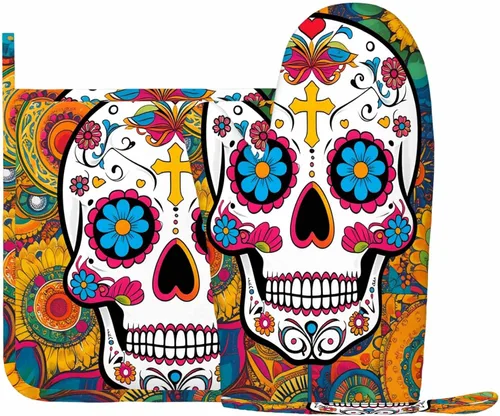 Miniatura 2 de Mxocom Art Floral Sugar Skull - Juego de guantes de silicona para horno y soportes para ollas, guantes de barbacoa para cocina, cocina, hornear