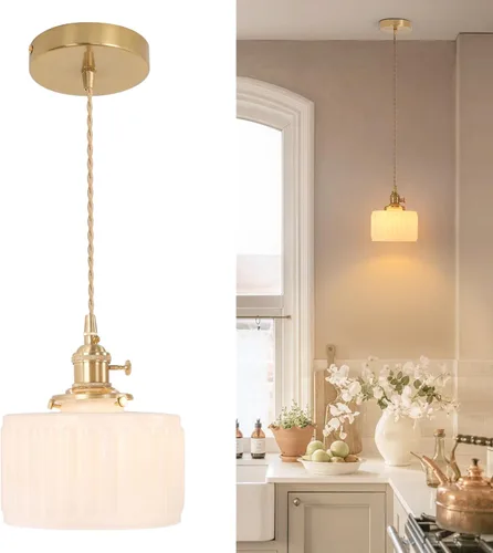 Miniatura 51 de Shenmoyl Lámpara colgante con pantalla de vidrio transparente a rayas, luz colgante vintage de latón, luz colgante ajustable para cocina, isla