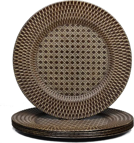 Spsyrine Platos de carga rústicos de plástico de ratán sintético, juego de 6 elegantes cargadores de platos redondos para cenas, decorativos para