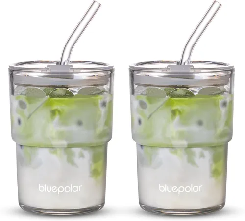 BLUEPOLAR - Vaso de agua de vidrio de 13 oz/400 ml con popote y tapa, portátil, de pared gruesa, taza de café helado, vaso de vidrio para agua, té