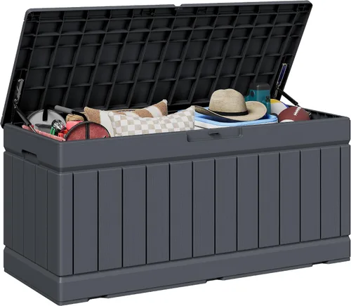 Miniatura 10 de JUMMICO Caja de resina de 31 galones, cajas de almacenamiento impermeables para interiores y exteriores para muebles de patio, cojines y Negro