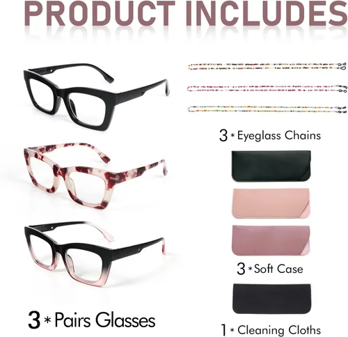 Miniatura 7 de REAVEE Paquete de 3 lentes de lectura estilo Oprah con cadena, lectores para mujer, bloqueo de luz azul con bisagra de resorte