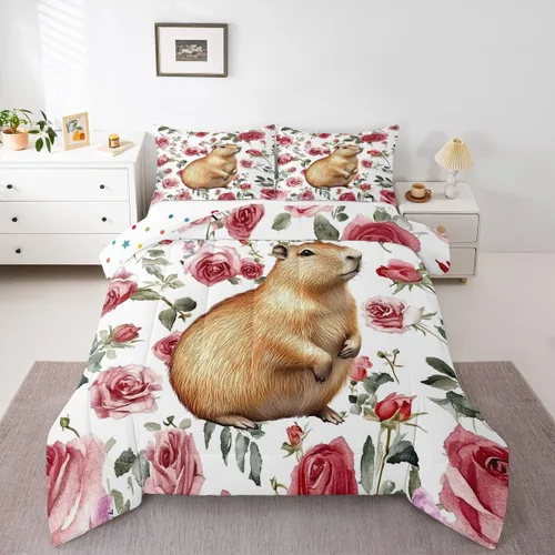 Erosebridal Wild Capybara - Juego de cama de tamaño Queen romántico con diseño de rosas y flores, color rojo, lindo juego de cama con temática de