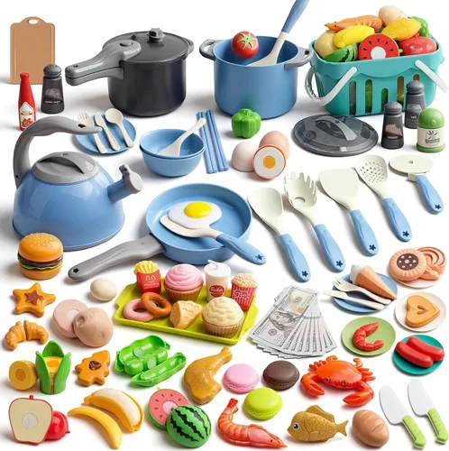 130 piezas de juego de cocina, ollas y sartenes de juego de simulación para niños pequeños, utensilios de cocina, alimentos diarios, frutas y Azul
