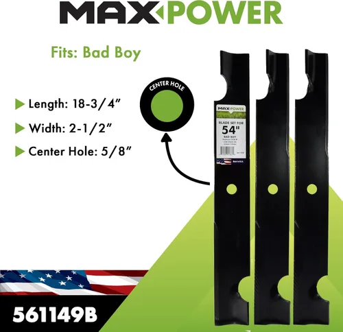 Miniatura 2 de MaxPower 561149B Juego de 3 cuchillas para cortacéspedes Bad Boy de 54", sustituye al OEM no. 038-0005-00, negro