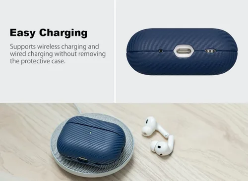Miniatura 4 de Haobobro Funda de piel para AirPods Pro 2, piel seleccionada respetuosa con la piel, textura de fibra de carbono, hecha a mano, funda rígida Azul