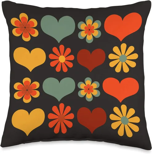 Flowers and Hearts Gift Co. - Almohada de flores y corazones retro vintage de los años 70, 15.7 x 15.7 in, multicolor