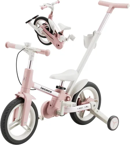 Miniatura 9 de lecoco Bicicleta para niños pequeños con mango de empuje 6 en 1 para niños, juguetes de bicicleta de equilibrio con ruedas de entrenamiento