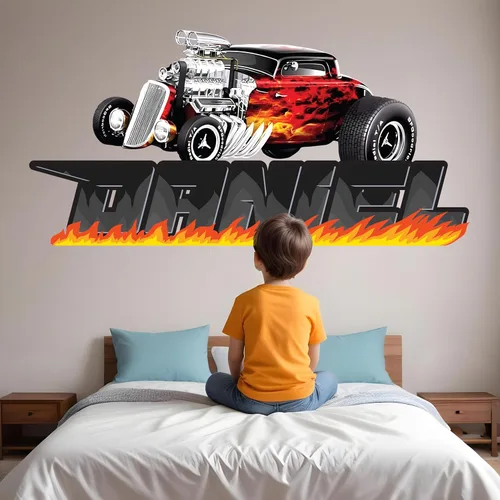 Decoración de habitación de coches, calcomanía de pared con nombre de bandera de carreras, arte de pared personalizado para niños, bebés y niños,