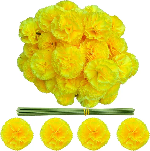 Miniatura 15 de Cabezas de flores de caléndula a granel, 50 unidades, flores artificiales de caléndula de seda para decoración del hogar, Diwali, corona