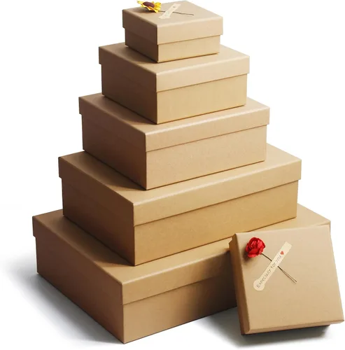 Giftilious Cajas de regalo con tapas para regalos, juego de 6 cajas de regalo vacías, cajas de papel de estraza natural y rústica, caja de regalo