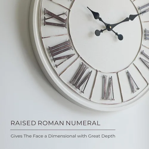 Miniatura 4 de Reloj de pared grande de estilo granja - 24 pulgadas, blanco rústico, número romano envejecido, cara de metal, funciona con pilas, reloj decorativo