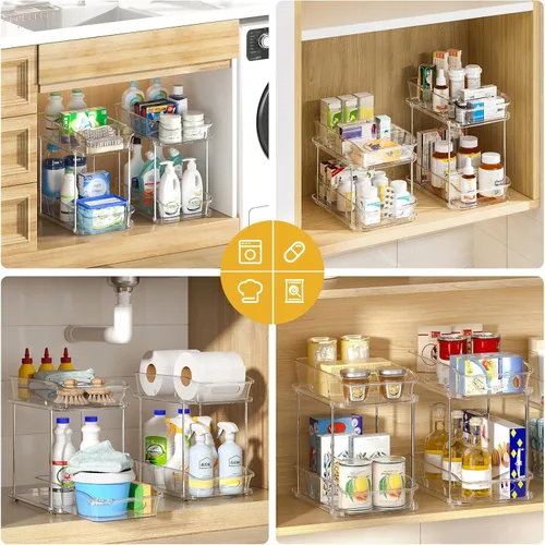 Miniatura 5 de Delamu Organizadores y almacenamiento de 2 niveles para debajo del fregadero, organizadores de gabinete de baño apilables multiusos, organización