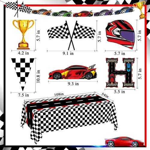Miniatura 5 de WNINK Manteles con temática de auto de carreras, cartel de feliz cumpleaños, mantel rectangular de carreras, kit de decoración de fiesta de auto