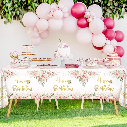 Miniatura 5 de Avezano 3 piezas de decoración de fiesta de oro rosa, manteles florales de feliz cumpleaños para niñas y mujeres, suministros de fiesta