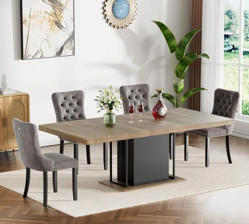 Miniatura 99 de Juego de mesa de comedor extensible de 5 piezas, juego de mesa de comedor extensible de estilo granja para 4, mesa de cocina expandible de madera