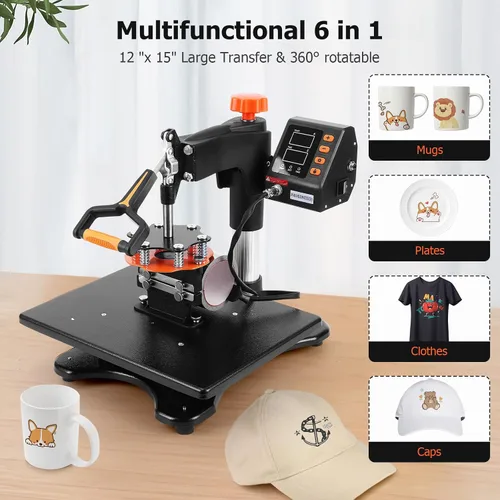 Miniatura 2 de Towallmark Máquina de prensa de calor de 12 x 15 pulgadas, máquina de transferencia de calor 6 en 1, oscilación de 360 grados, multifunción
