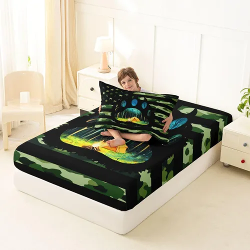 Miniatura 4 de Erosebridal American Flag Bed Sheets Twin Army Green Camo Deep Pocket Fitted Sheet for Kids Boys Girls Bear Claw Hunting Theme Bedding Set Camoflage