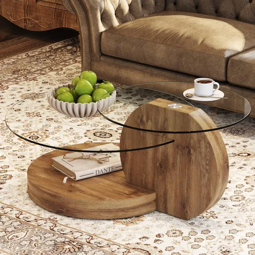 Miniatura 7 de Mesa de centro de vidrio de 35.4 pulgadas, mesa de centro redonda pequeña, mesa de vidrio templado de 2 niveles con base de madera, mesa central