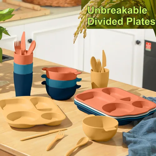 Miniatura 2 de Juego de vajilla de paja de trigo de 24 piezas para adultos que incluye platos divididos, tazón apto para microondas y lavavajillas, vajilla Bright