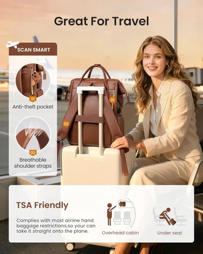 Miniatura 5 de LOVEVOOK Mochila de cuero para laptop para mujer de 15.6 pulgadas, bolsa de viaje para enfermeras, profesores, bolsa de computadora, bolsas de Marrón