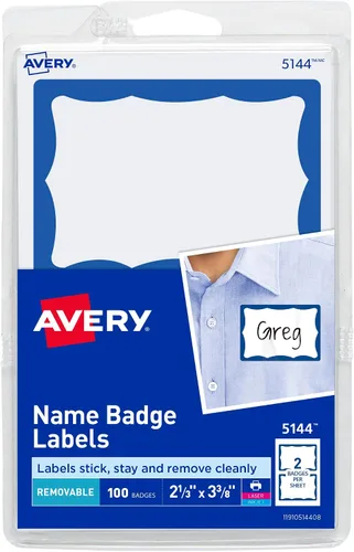 Avery Etiquetas de nombre, color blanco con borde azul, paquetes de 100 por paquete, 18 paquetes, 1800 insignias de nombre extraíbles en total