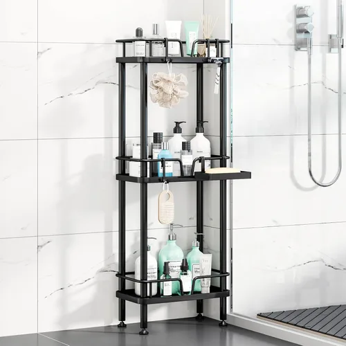 HapiRm Organizador de ducha de esquina de pie, organizador de ducha de esquina de 3 niveles con soporte para jabón, estante de baño de acero