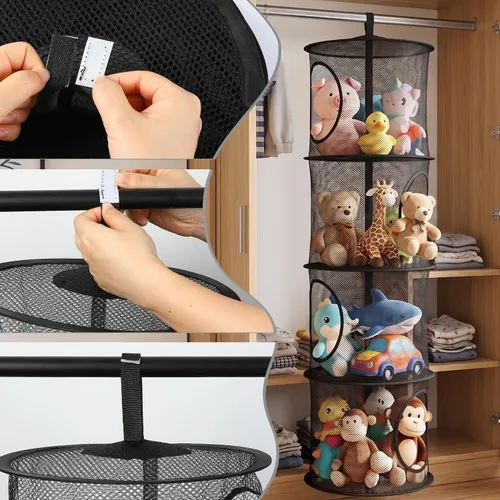 Miniatura 4 de Almacenamiento Colgante para Juguetes de Peluche, Organizador de Almacenamiento de Peluches Plegable para Rincón con 4 Compartimentos, Organizador