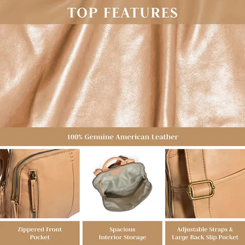 Miniatura 2 de American Leather Co. Cleveland - Mochila mediana para mujer, color beige, 100% piel auténtica, elegante mochila de tamaño mediano con detalles