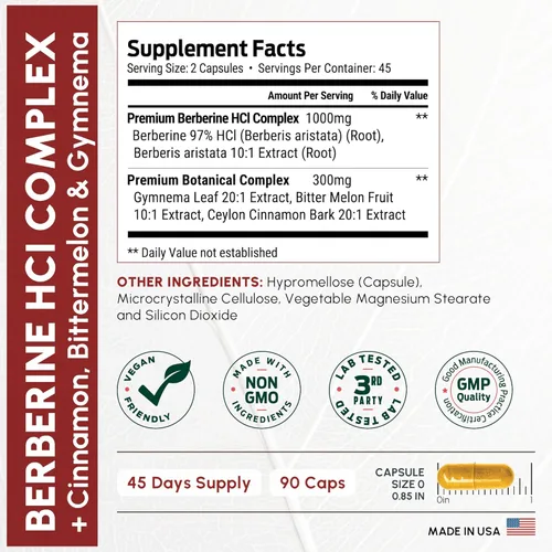 Miniatura 3 de ForestLeaf Suplemento de berberina - 1300 mg por porción - HCl de berberina de ultra alta potencia con canela de Ceilán, melón amargo y gimnema