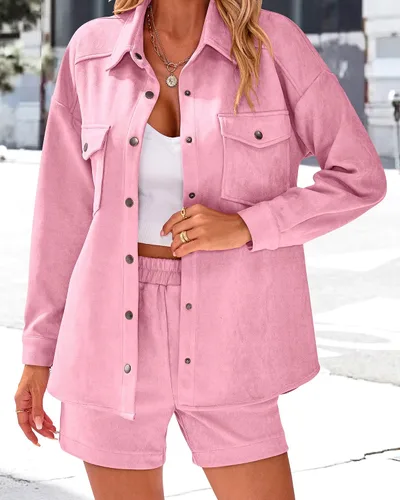 Miniatura 2 de KIRUNDO Conjunto casual de dos piezas para mujer, de manga larga, chaqueta y pantalones cortos